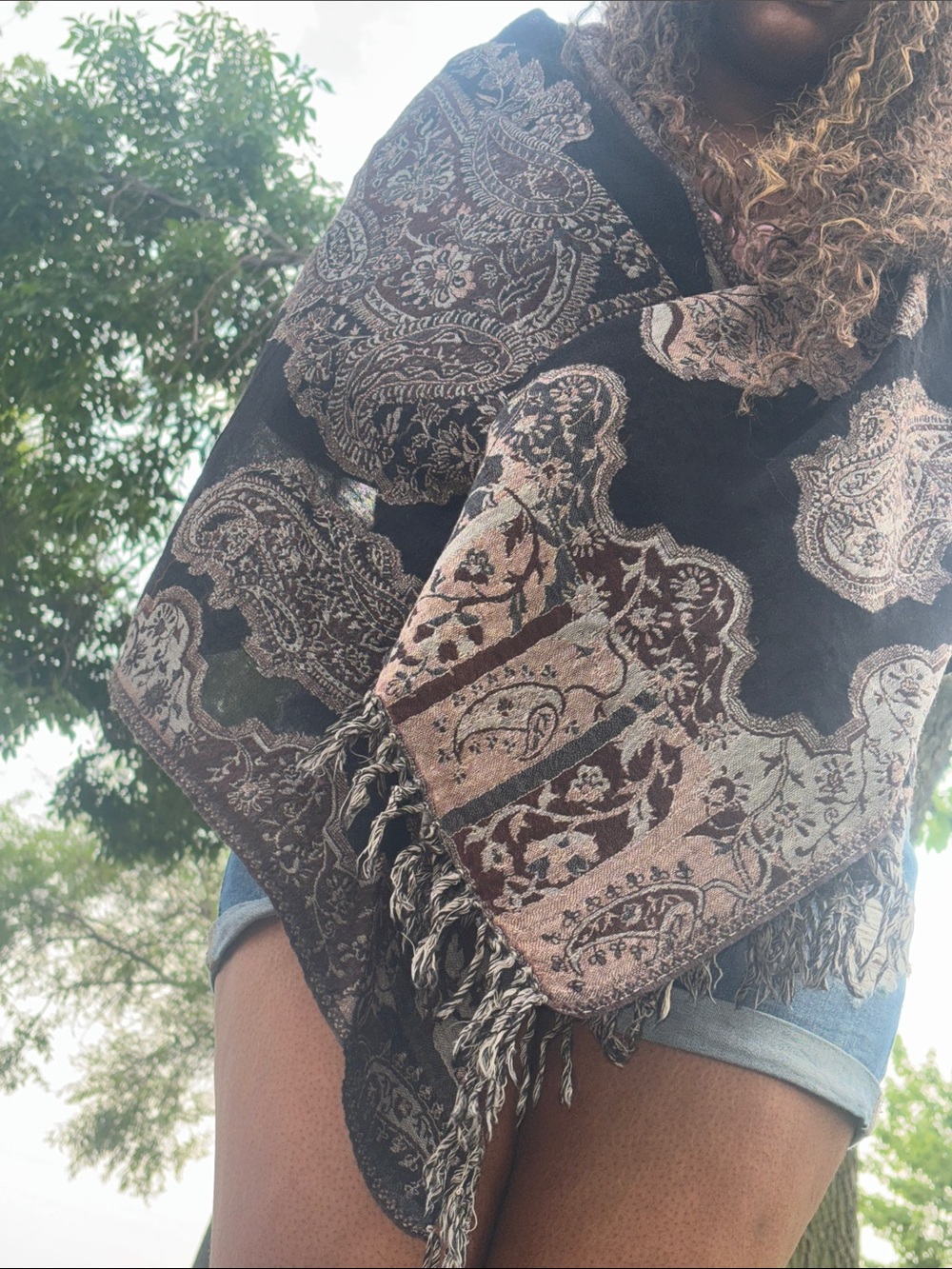 Woven Paisley Fringe wool Wrap Shawl - Black and Taupe